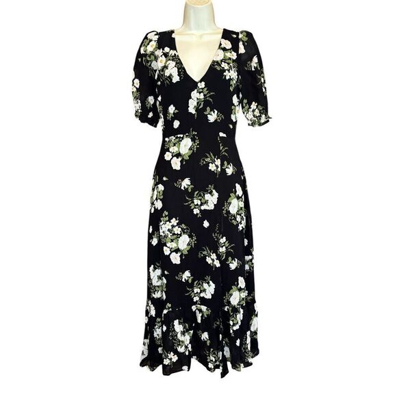 Reformation NANTES FLORAL-PRINT GEORGETTE MIDI DRESS IN BLACK NWT Size 2 - Picture 2 of 6